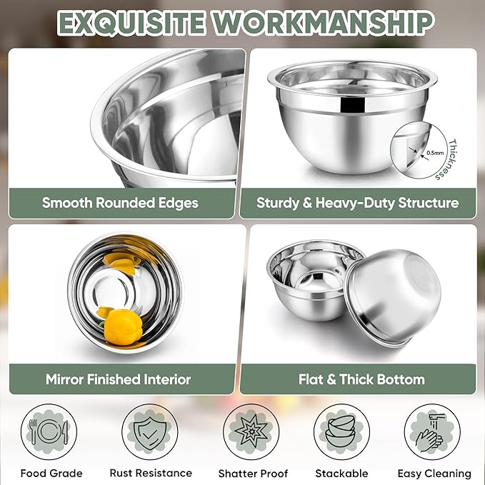 TeamFar Mixing Bowls with Lids, 5-Piece Stainless Steel Metal Nesting Salad Bowl - Image 4
