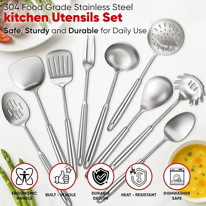 Newness 9 Pcs Cooking Utensils Set, 304 Stainless Steel Kitchen Utensils Set - Image 4