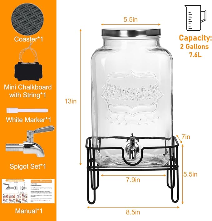Bululuo Glass Drinks Dispenser for Parties, 2 Gallon Beverage Dispenser - Image 2