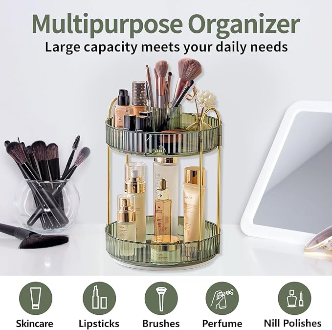 Asayuee 360 Rotating Makeup Organizer, 2 Tier Large Capacity Make Up Organizers - Image 6