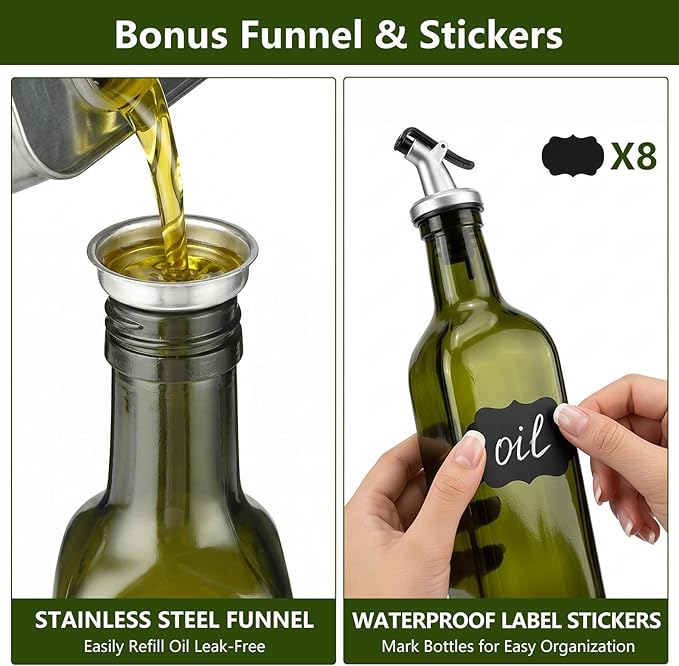WERTIOO Green Olive Oil Dispenser Bottle, 17oz Glass Oil and Vinegar Dispenser - Image 4