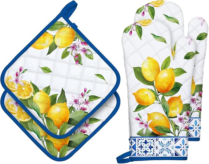 Summer Lemon Oven Mitts and Pot Holders Sets 4Pcs, 100% Cotton Heat Resistant by Arquiel