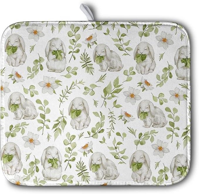 Easter Bunny Floral Drying Mat for Kitchen Counter Spring Easter Rabbits Green by Kwlegh