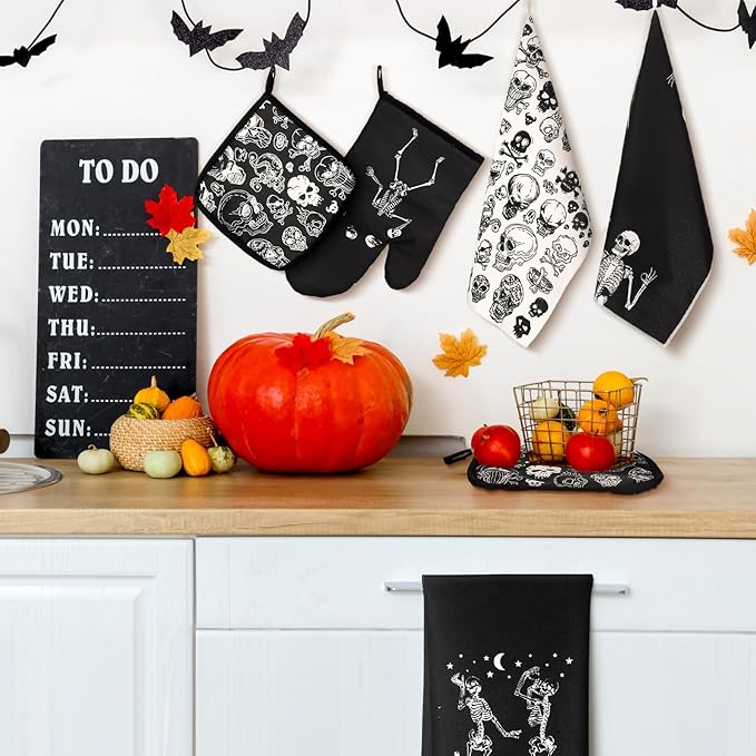 Leinuosen 8 Pcs Skull Kitchen Decor Set Kitchen Towels Gothic Oven Mitts and - Image 2