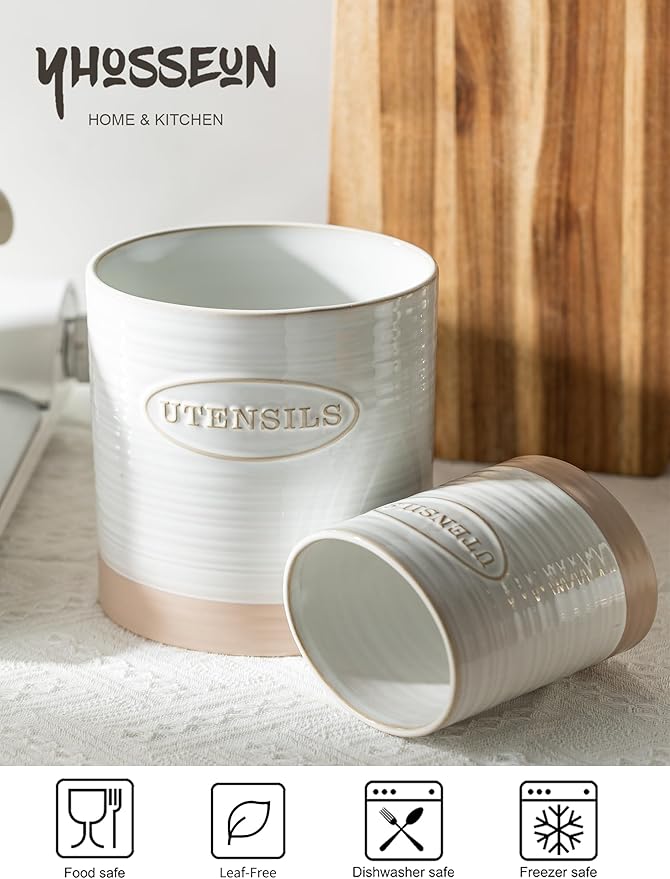 YHOSSEUN Utensil Holder Set of 2, Ceramic Utensil Holder - Image 4