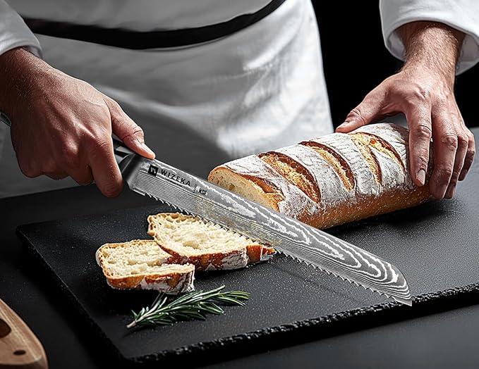 WIZEKA 10 inch Damascus Serrated Bread Knife - Image 6