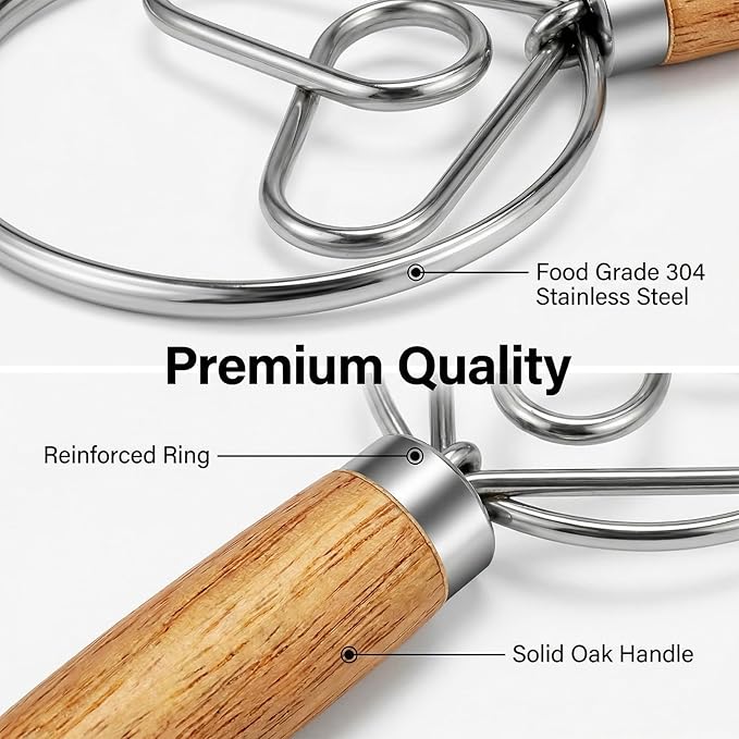 TEEVEA Danish Dough Whisk for Sourdough Bread, Wooden Handle Stainless Steel - Image 4
