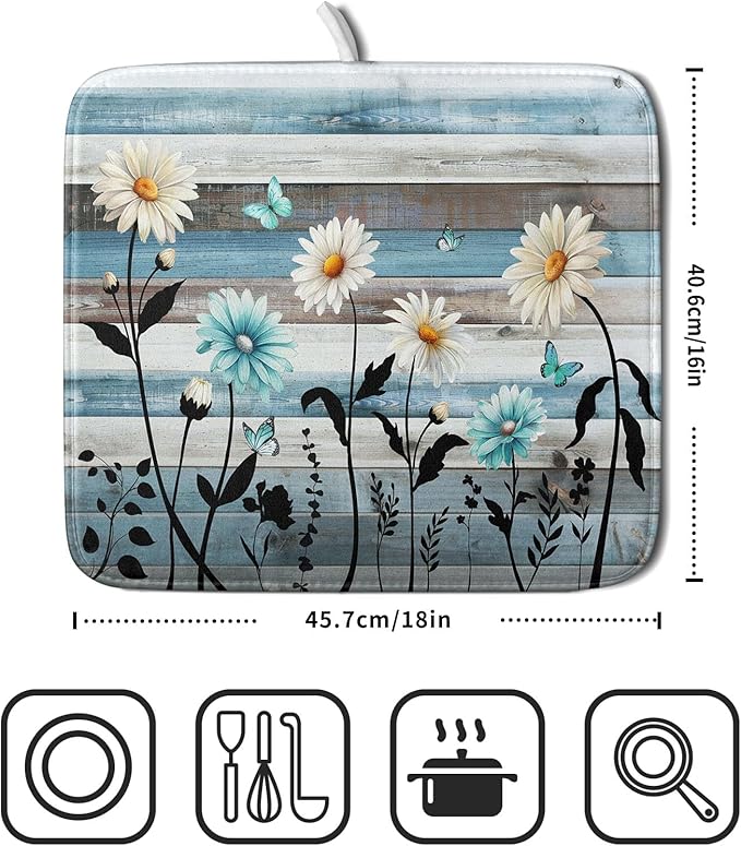 Blue White Daisy Floral Dish Drying Mat - Image 2