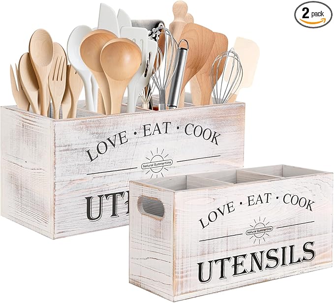 2 PC Wooden Utensil Holder, （With 4-Compartments size*1 + 3-Compartments by Unknown