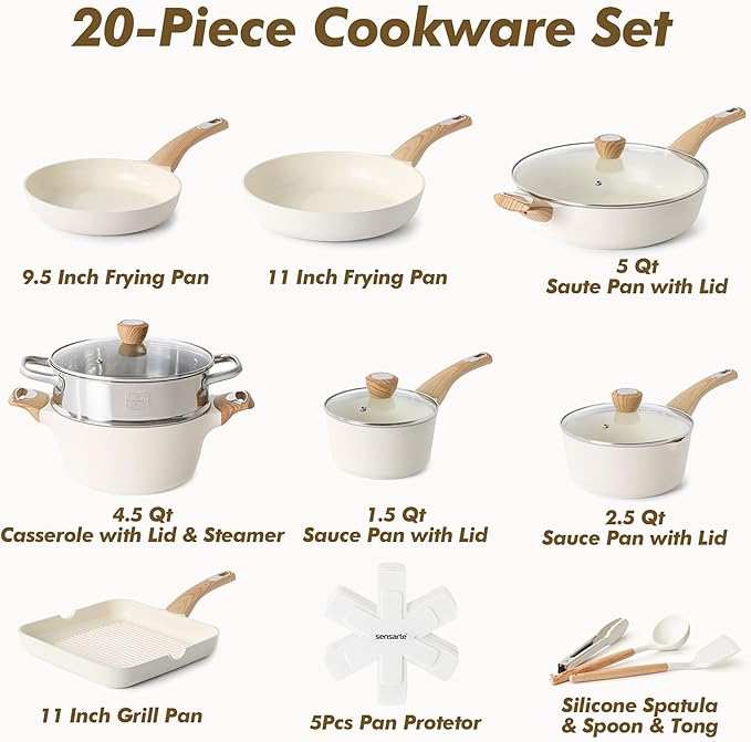 SENSARTE Ceramic Cookware Sets, Pots and Pans Set Nonstick, 20-Piece Induction - Image 3
