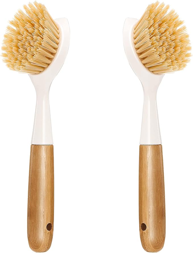 2 Pack Kitchen Dish Brush Bamboo Handle Dish Scrubber Built-in Scraper by Songtaste