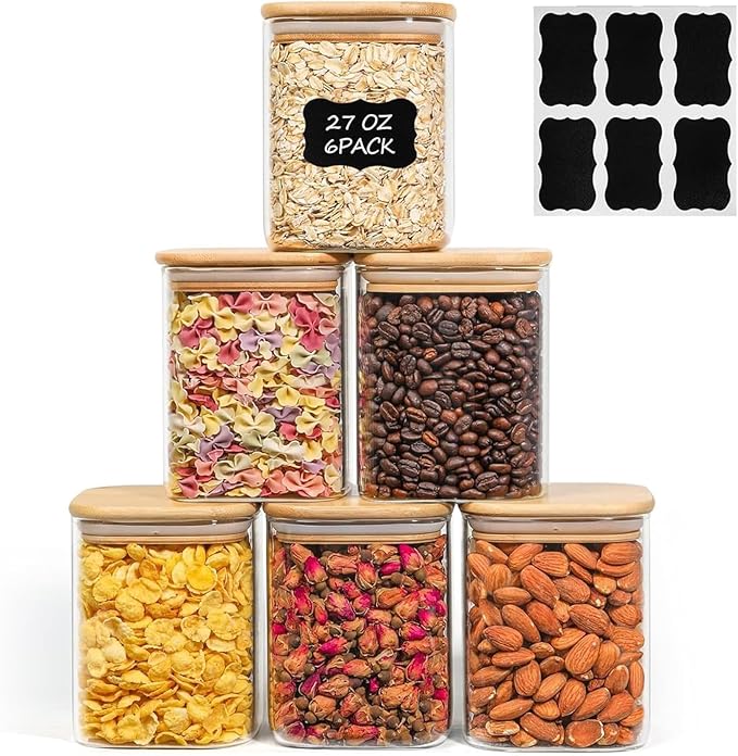 ComSaf 0.8 Qt Glass Food Storage Jars Set of 6, Pantry Organization Jar by ComSaf