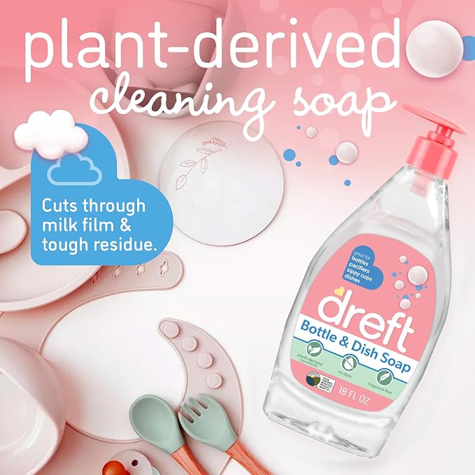 DREFT Bottle and Dish Soap | Made to Clean Baby Bottles, Sippy Cups, Pacifiers, Breast Pumps, & More | Gently Removes Milk Film & Odors | Plant Based, Fragrance Free Dish Soap | 18 Fl Oz (Pack of 3)