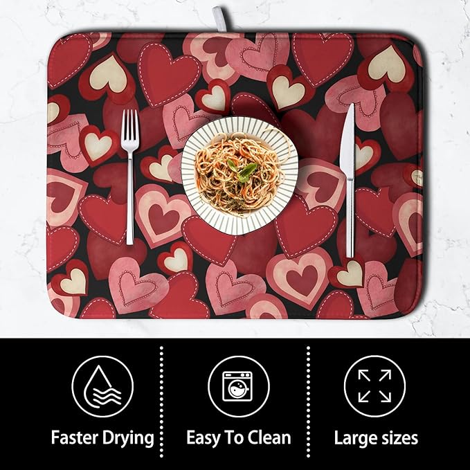 Valentine Dish Drying Mat for Kitchen Counter Red Black Love Heart Drying Pad - Image 4