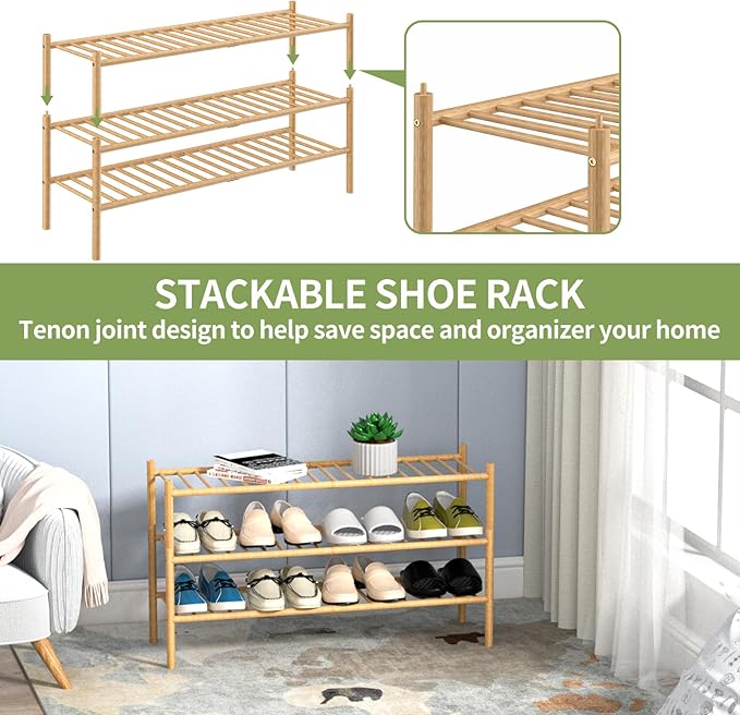 ROMGUAR CRAFT 3-Tier Bamboo Long Shoe Rack, Free Standing Wood Shoe Shelf - Image 6