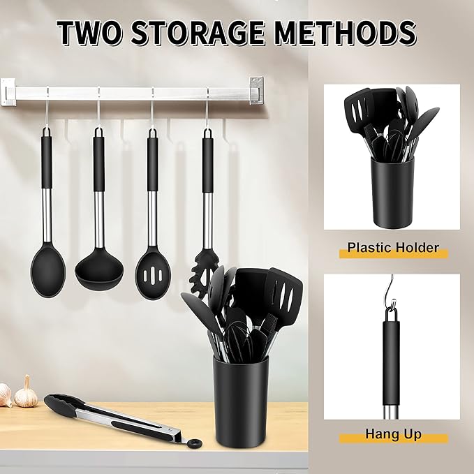 Silicone Cooking Utensils Set, E-far 14-Piece Black Kitchen Utensils Set - Image 6