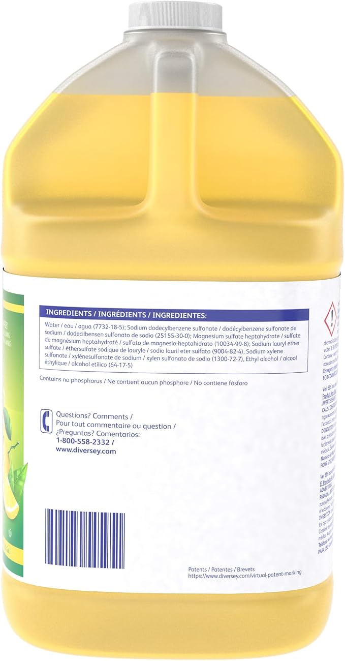 Diversey Limon Pot & Pan Detergent - Tough On Grease, Easy On Hands - High-Sudsing Liquid Dish Soap Concentrate, Lemon Fresh Scent, 1-Gallon (Pack of 2)