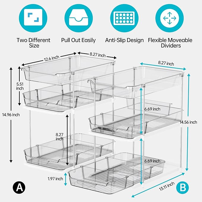 Delamu 2 Pack 3-Tier Bathroom Under Sink Organizers and Storage, Pull Out Clear - Image 2