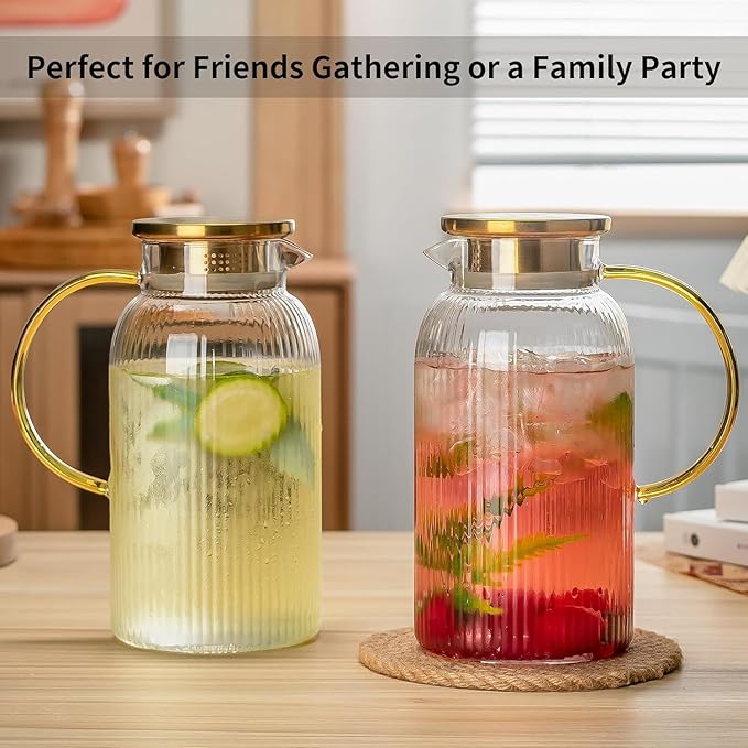Buaic Glass Pitcher with Lid, 68 oz/2 Liter Classic Vertical Stripes Water - Image 5