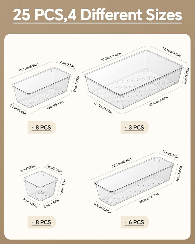 KEMETHY 25 PCS Plastic Drawer Organizers Set, 4 Sizes Vanity Organizer - Image 2
