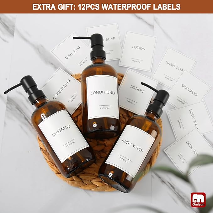 GMISUN Shampoo and Conditioner Dispenser, 3 Pack Amber Glass Bathroom Shampoo - Image 8