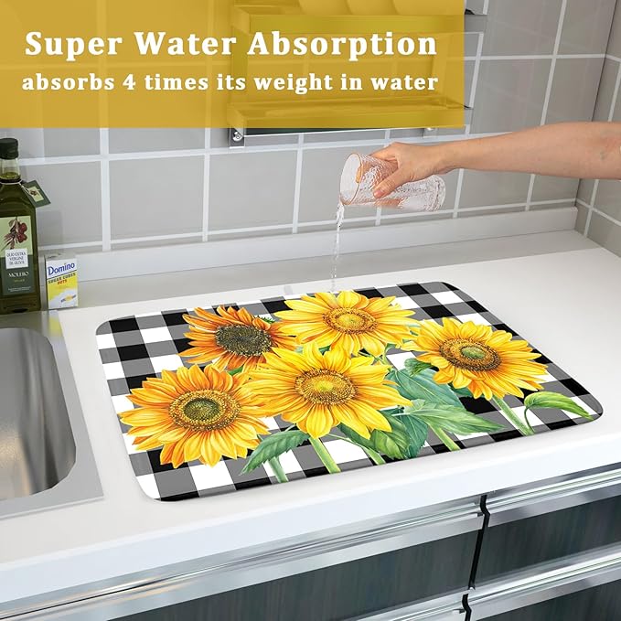 Sunflower Dish Drying Mat for Kitchen Counter Watercolor Black White Plaid - Image 7