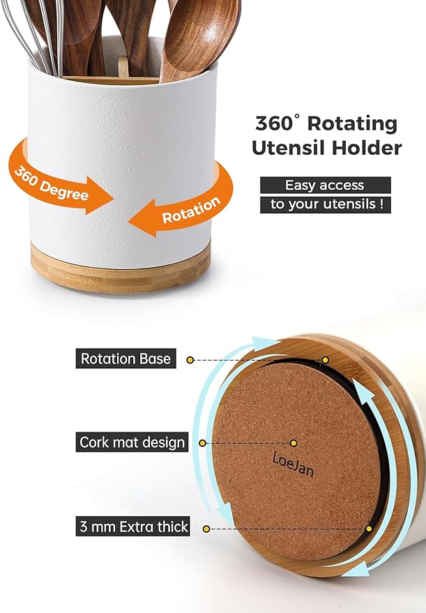 LoeJan 3 Compartment Utensil Holder, Extra Large Utensil Crock, Stable Ceramic - Image 5