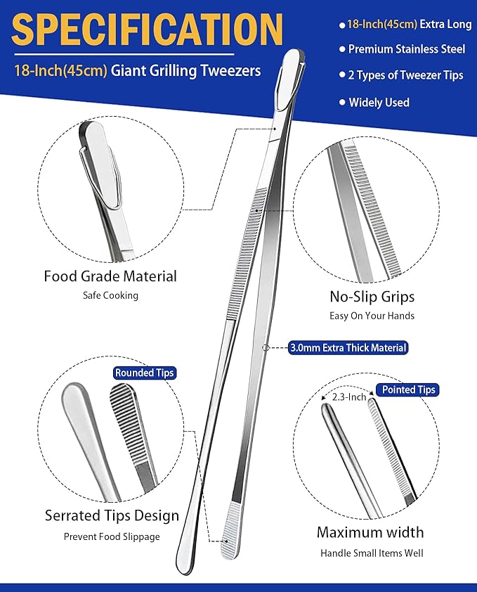 JETKONG 2 Pcs 18 Inch Stainless Steel Grill Tongs Heavy Duty Giant Tweezer Tongs - Image 2