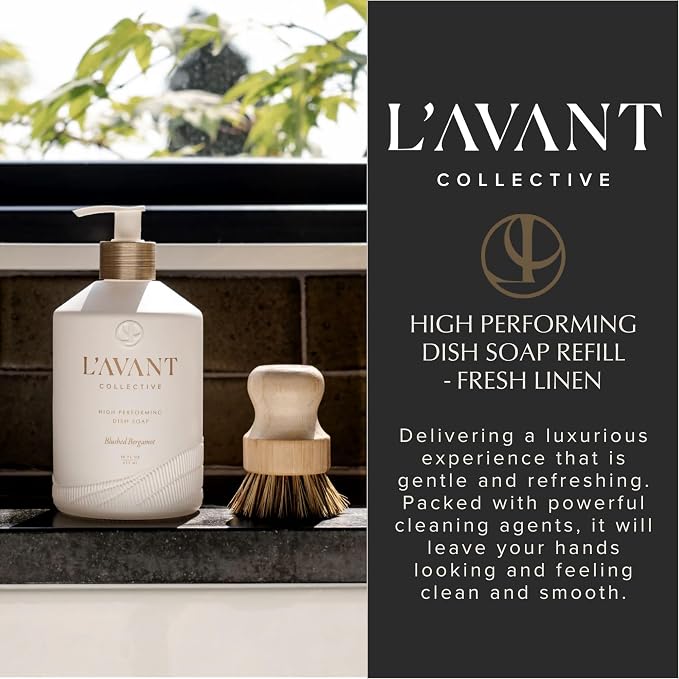 L'AVANT Dish Soap Refill, Plant-Based Grease-Cutting, Fresh Linen, 32 Fl Oz | Plant-based grease cutting, Fresh Linen fragrance, gentle on hands, non-toxic formula, refill pouch, cruelty-free, 32 fl oz