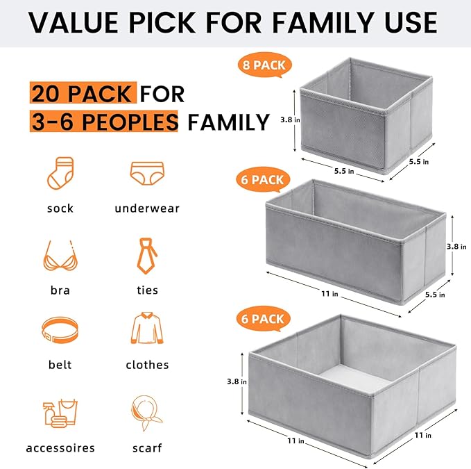 【FAMILY PACK】Drawer Organizer Clothes, 20 Pack Dresser Organizer Bins - Image 2