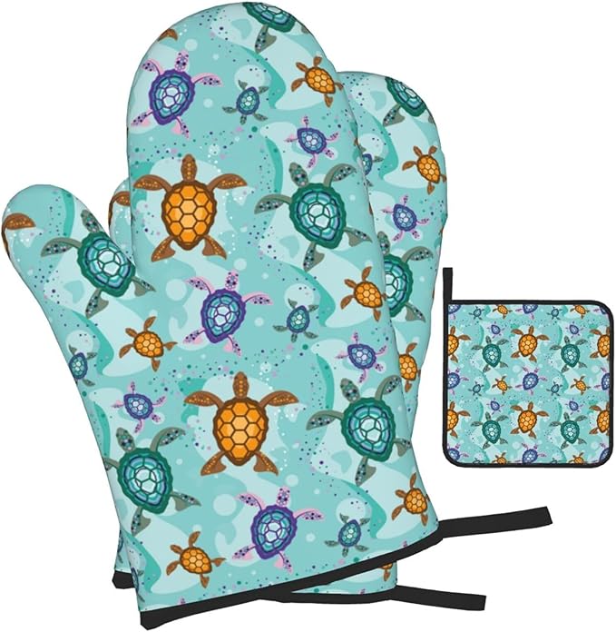 Cute Sea Turtle Beach Oven Mitts and Pot Holders Set Ocean Themed Decorative - Image 2