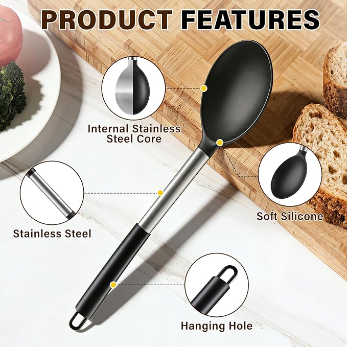 3 Pcs Silicone Cooking Spoon Set, Kitchen Utensils Include Solid & Slotted Spoon - Image 3
