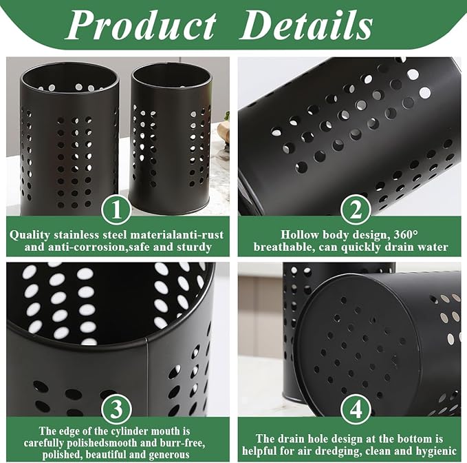 Evanda Kitchen Utensils Holder for Countertop Pack of 2, Stainless Steel Black - Image 7