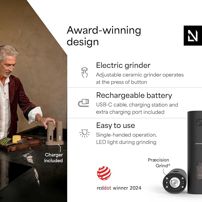 LARS NYSØM Electric Salt and Pepper Grinder Set, USB Rechargeable, Automatic - Image 2