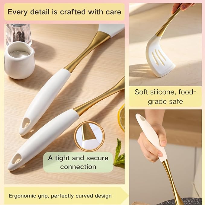 Elegant White Gold Silicone Cooking Utensils Set - Image 6