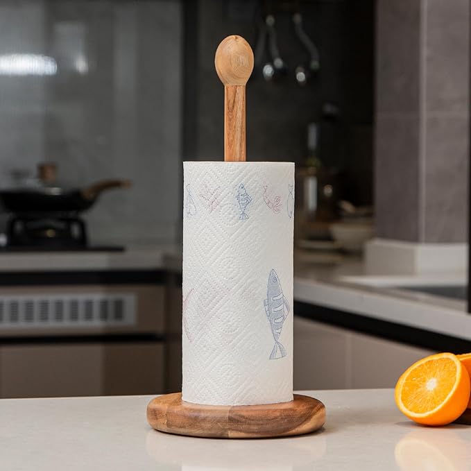 14.5" Acacia Wooden Paper Towel Holder, 6.7" Large Heavy Base Wooden Kitchen - Image 4