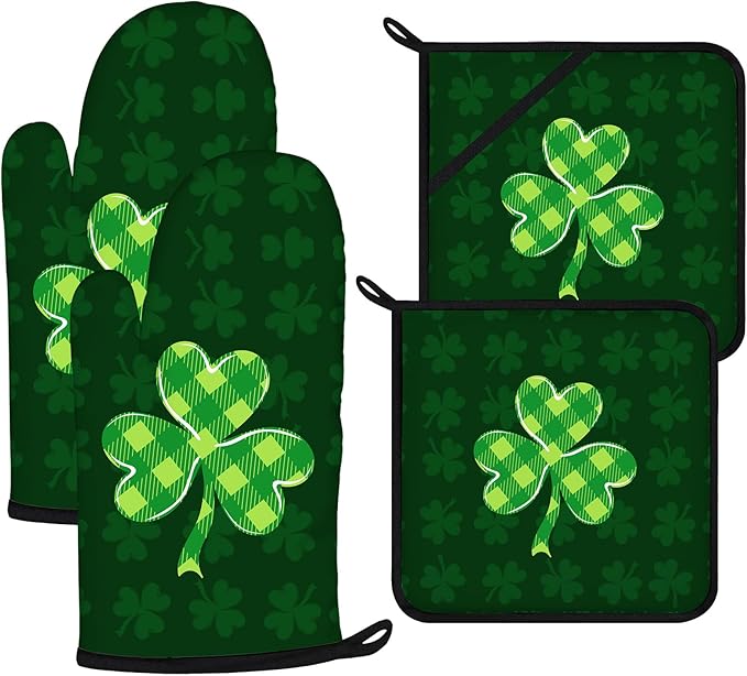 Green Clover Oven Mitts and Pot Holders Sets 4Pcs, Extra Long Oven Gloves by VisittheDuibelproduct