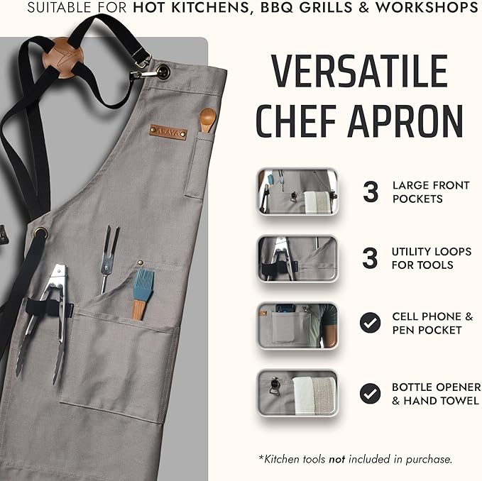 Asaya Chef and BBQ Apron with Bottle Opener and Hand Towel - 10oz Cotton Canvas - Image 2