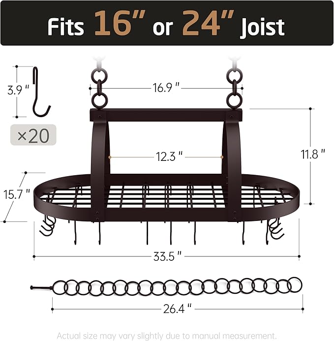 KES 34 Inch Oiled Bronze Hanging Pot Rack, Heavy Duty Oval Pot and Pan Hanging - Image 7