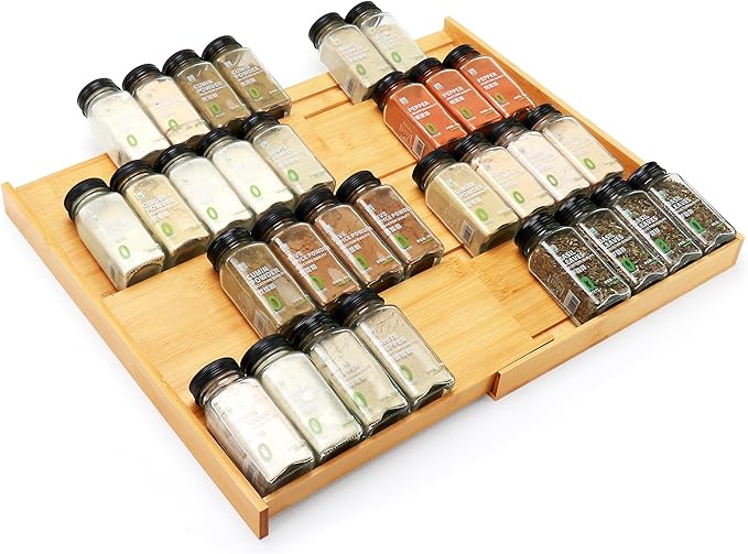 Bamboo Spice Drawer Organizer, Expandable 4 Tier Spice Rack by Thalomely
