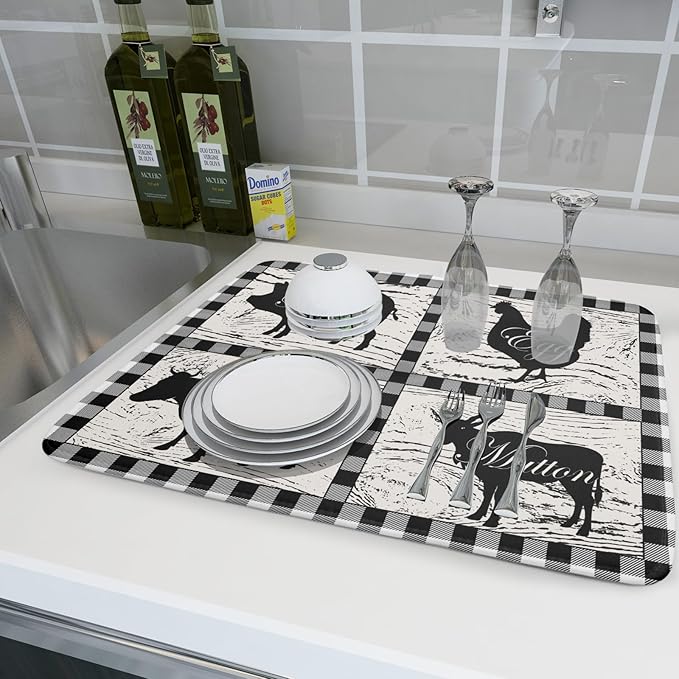 Farmhouse Animal Dish Drying Mat Buffalo Plaid Drainer Rack Mats Fast Dry - Image 6
