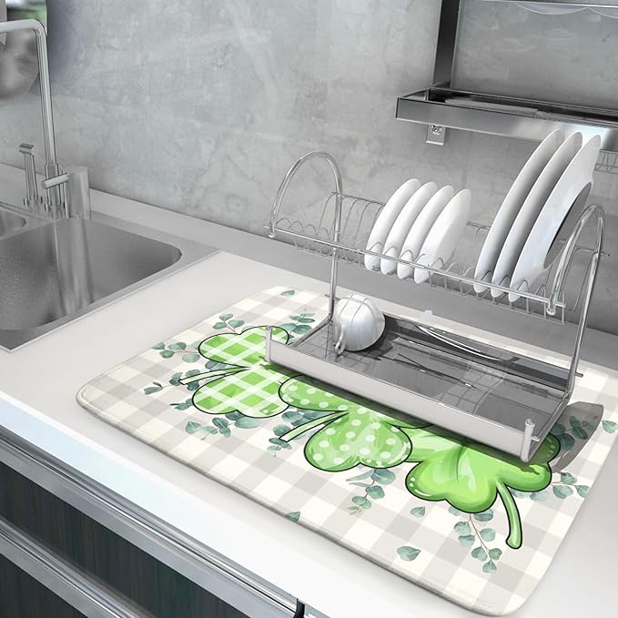 Giwawa Patrick Dish Drying Mat for Kitchen Green Clovers Grey Buffalo Plaids - Image 5