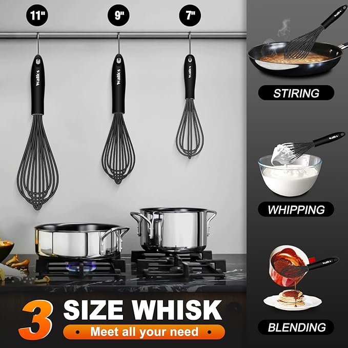 Walfos Silicone Whisk, Stainless Steel Wire Whisk Set of 3 -Heat Resistant - Image 5