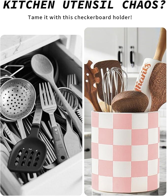 Utensil Holder，7.2 Inch Checkered Utensil Holder, Ceramic Cooking Utensil - Image 2