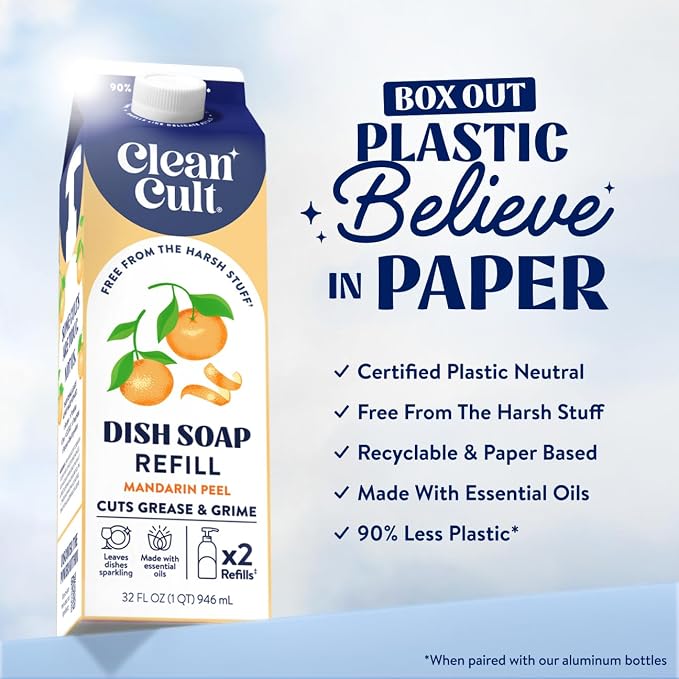 Cleancult Dish Soap Liquid Refill (32oz, 1 Pack) - Plant Based Cleaning Power - Dish Soap that Cuts Grease & Grime - Free of Harsh Chemicals - Uses 90% Less Plastic - Mandarin Peel