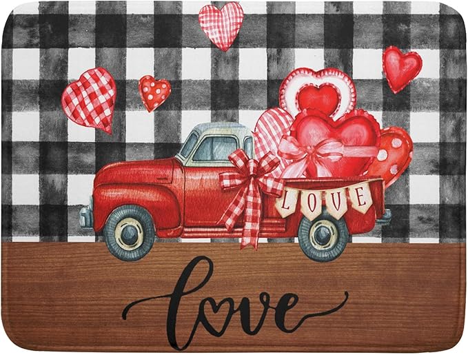 Valentine's Day Red Heart Truck Dish Drying Mat by Anyako