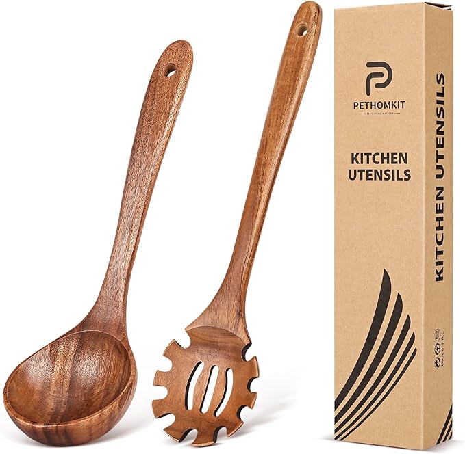 Wooden Spoons for Cooking, Teak Wood Soup Ladle&Slotted Pasta Fork Strainer by PETERSHOMEANDKITCHEN