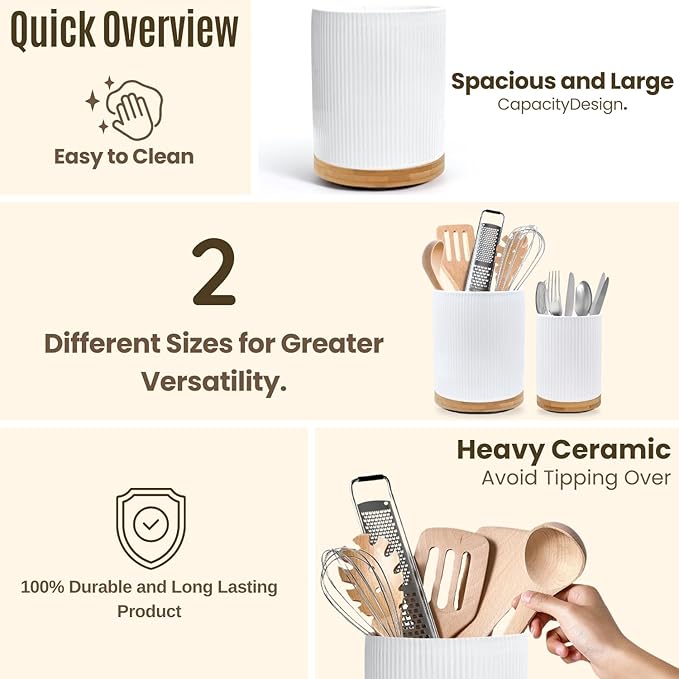 2 Pack Ceramic Utensil Holder, 7.3"+5.4" Large kitchen utensils holder - Image 6