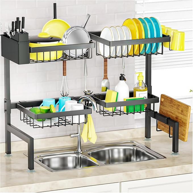 SNSLXH 4 Baskets 2-Tier Over The Sink Dish Drying Rack, 26.57"-35", Large Sink by SNSLXH