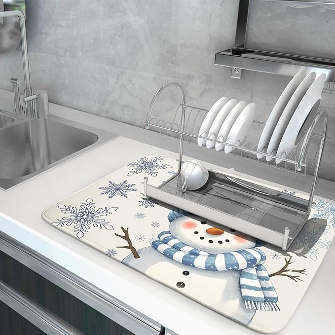 Winter Snowman Dish Drying Mat for Kitchen Counter 18x24 Blue Snowflake Bird - Image 5